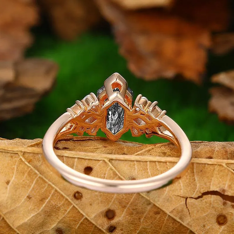 Natural Black Rutilated Quartz Diamond 14k Rose Gold Split Shank Moissanite Cluster Ring
