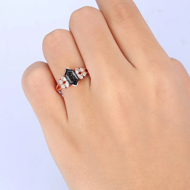 Natural Black Rutilated Quartz Diamond 14k Rose Gold Split Shank Moissanite Cluster Ring