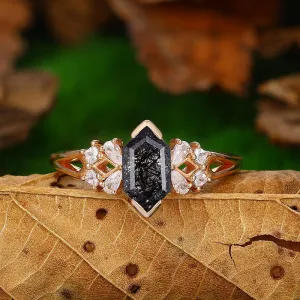 Natural Black Rutilated Quartz Diamond 14k Rose Gold Split Shank Moissanite Cluster Ring
