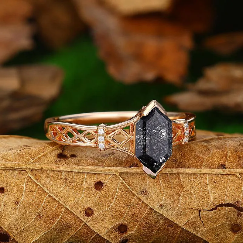 Natural Black Rutilated Quartz Diamond Cluster unique rose gold Promise Ring
