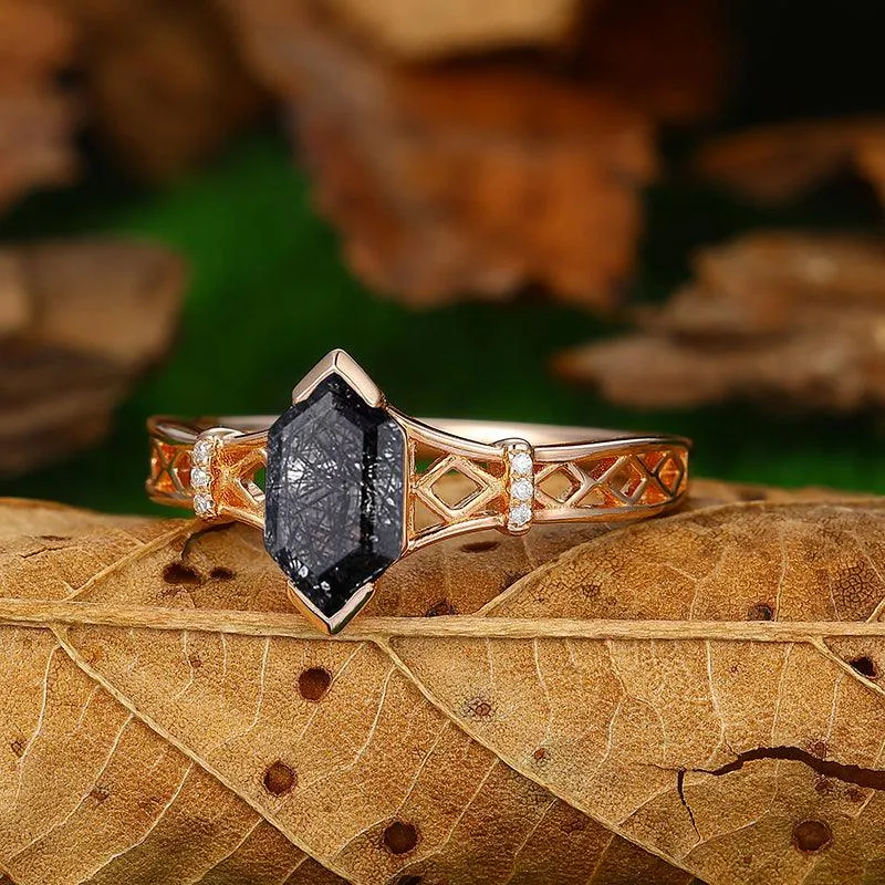 Natural Black Rutilated Quartz Diamond Cluster unique rose gold Promise Ring