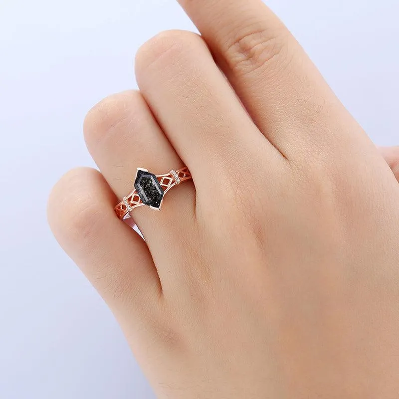 Natural Black Rutilated Quartz Diamond Cluster unique rose gold Promise Ring
