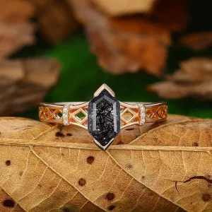 Natural Black Rutilated Quartz Diamond Cluster unique rose gold Promise Ring