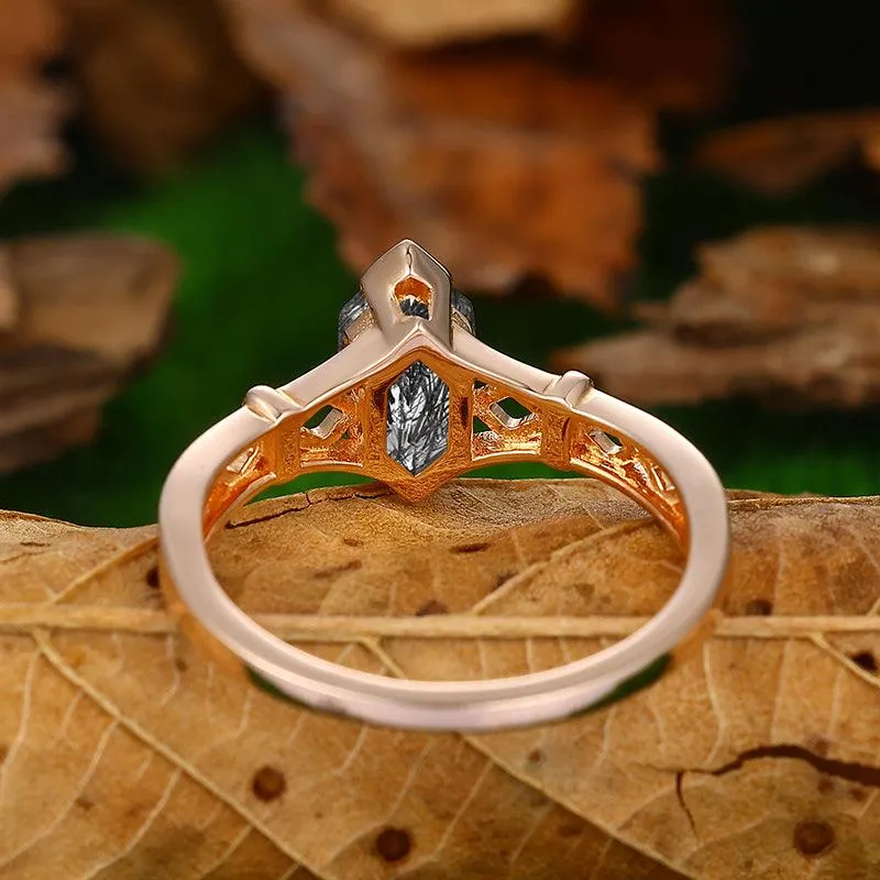 Natural Black Rutilated Quartz Diamond Cluster unique rose gold Promise Ring