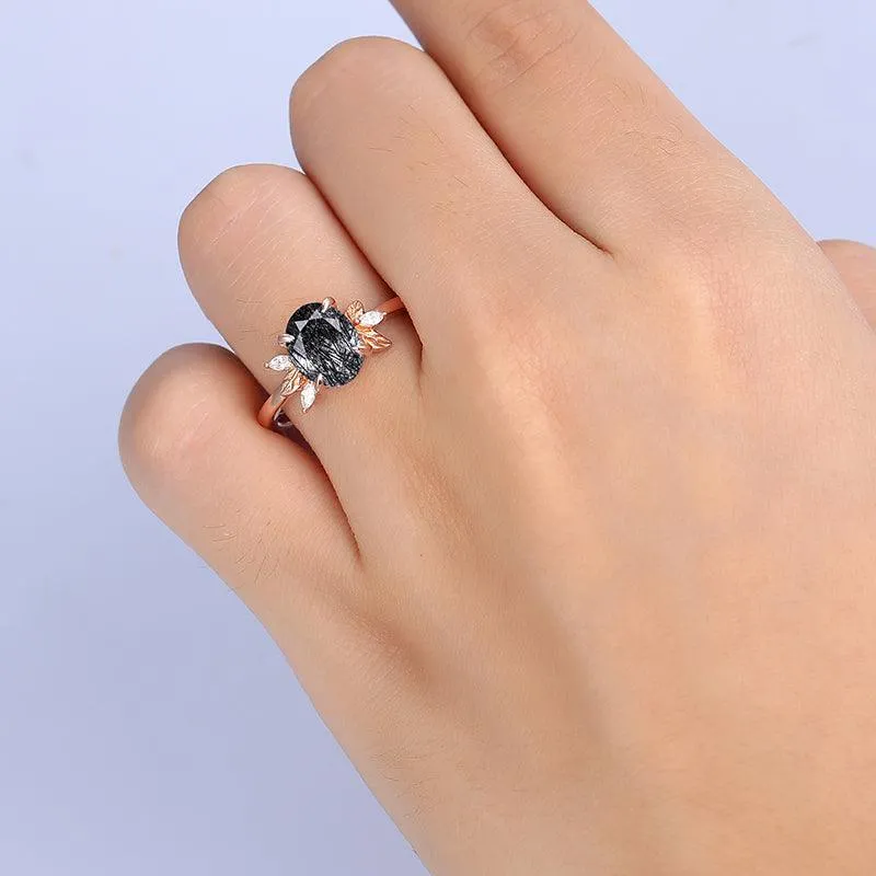 Natural Black Rutilated Quartz Diamond Leaf Ddsign Art Deco Cluster Anniversary In Sliver Gift Ring