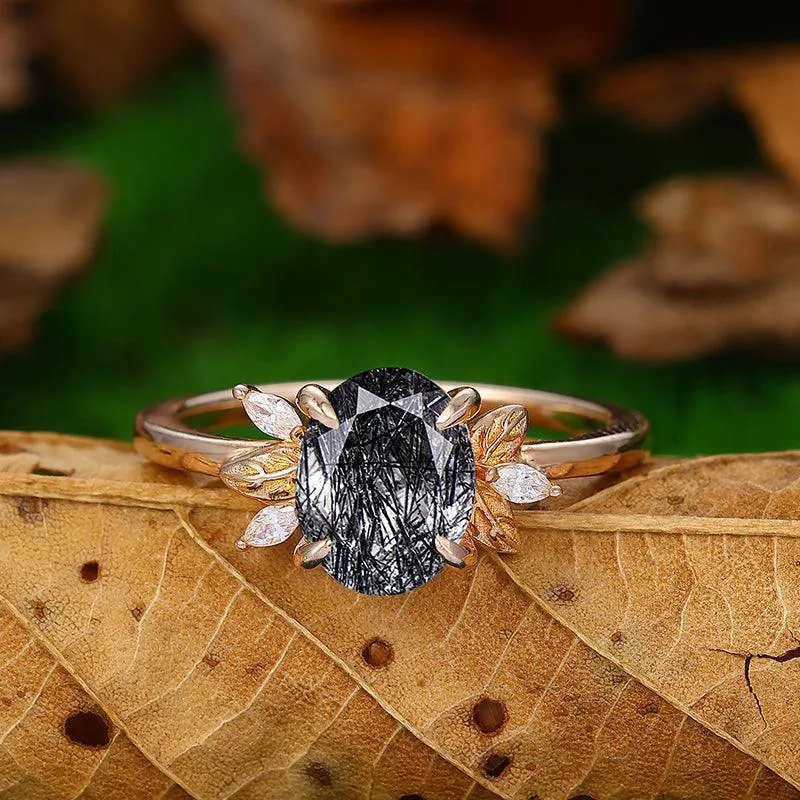 Natural Black Rutilated Quartz Diamond Leaf Ddsign Art Deco Cluster Anniversary In Sliver Gift Ring