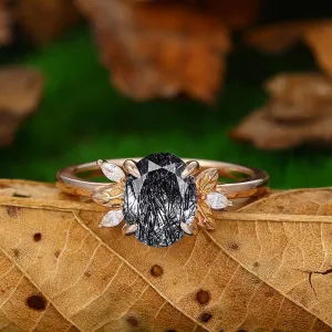 Natural Black Rutilated Quartz Diamond Leaf Ddsign Art Deco Cluster Anniversary In Sliver Gift Ring