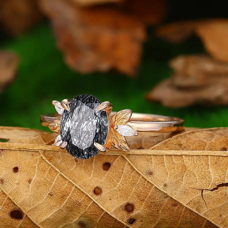 Natural Black Rutilated Quartz Diamond Leaf Ddsign Art Deco Cluster Anniversary In Sliver Gift Ring