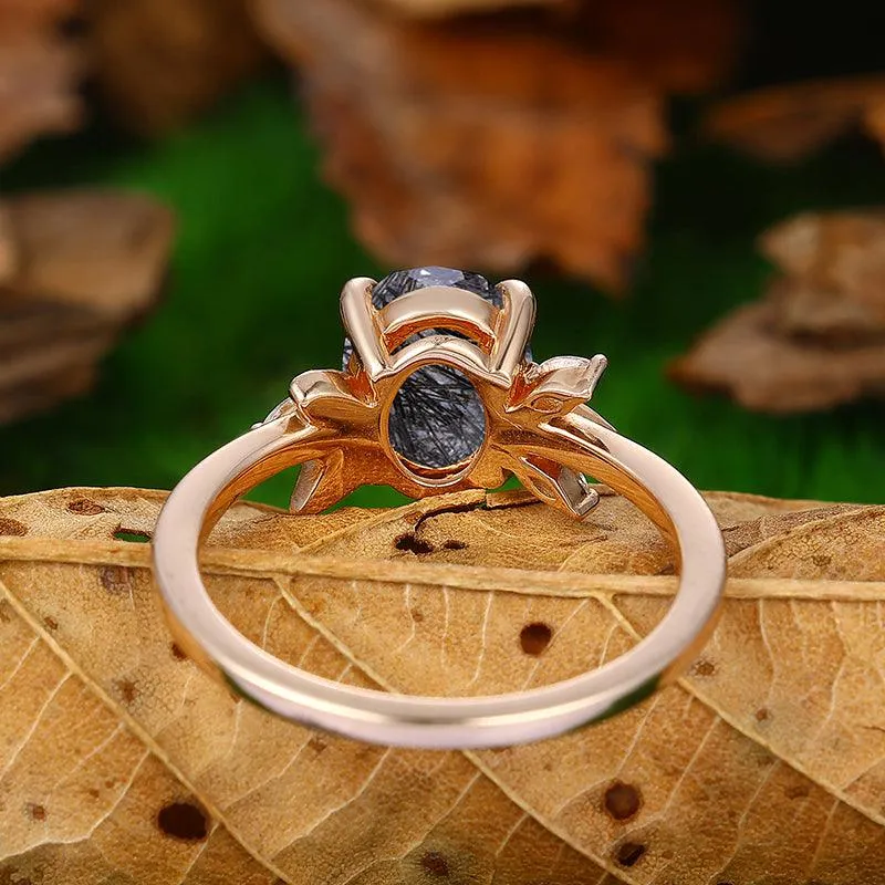 Natural Black Rutilated Quartz Diamond Leaf Ddsign Art Deco Cluster Anniversary In Sliver Gift Ring