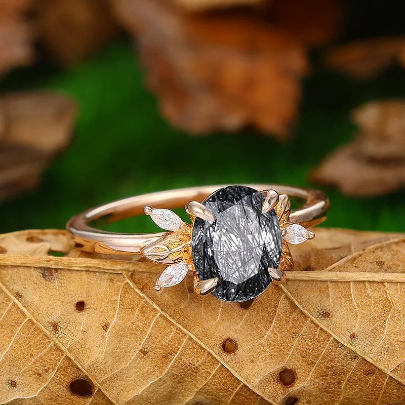 Natural Black Rutilated Quartz Diamond Leaf Ddsign Art Deco Cluster Anniversary In Sliver Gift Ring