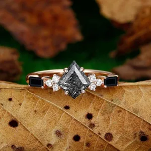 Natural Black Rutilated Quartz Kite Cut Unique Emerald Black Agate Cluster diamond Ring