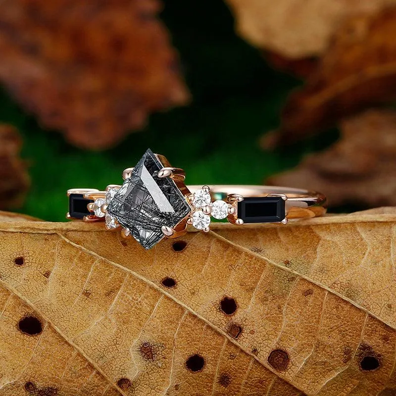 Natural Black Rutilated Quartz Kite Cut Unique Emerald Black Agate Cluster diamond Ring