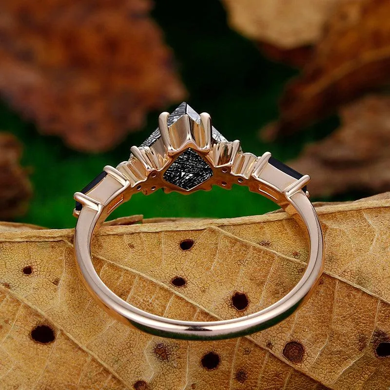 Natural Black Rutilated Quartz Kite Cut Unique Emerald Black Agate Cluster diamond Ring