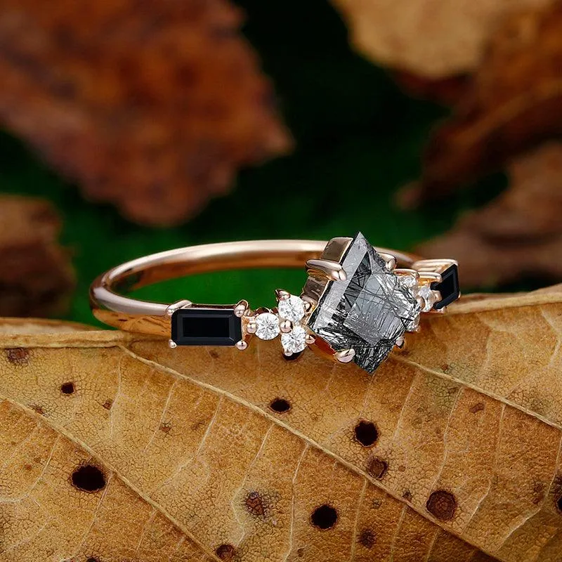 Natural Black Rutilated Quartz Kite Cut Unique Emerald Black Agate Cluster diamond Ring