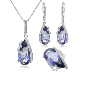 Natural Iolite Blue Mystic Quartz Jewelry Set – 925 Sterling Silver Earrings, Ring, Pendant Set
