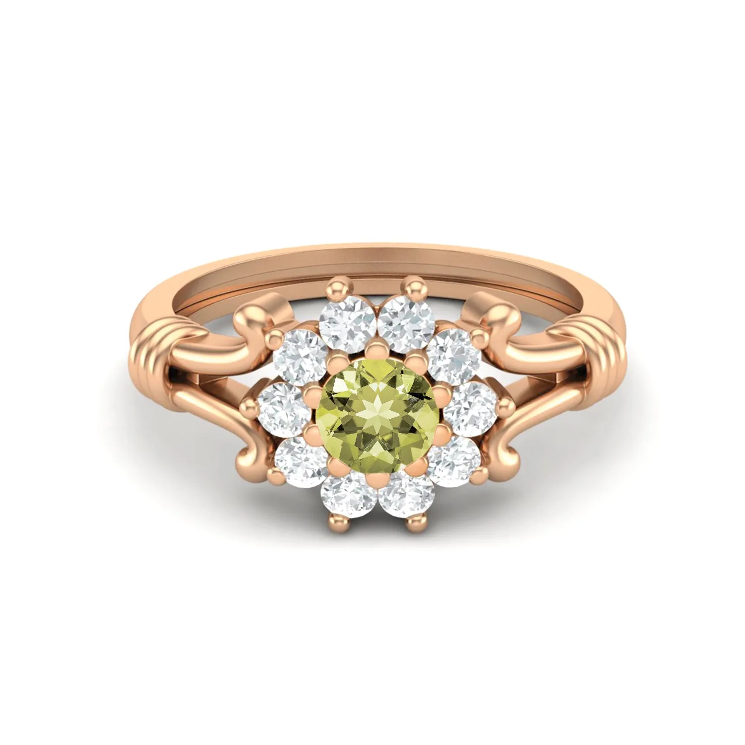 Natural Lemon Quartz Wedding Ring 925 Silver Halo Bridal Ring