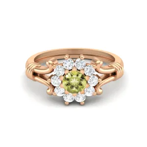 Natural Lemon Quartz Wedding Ring 925 Silver Halo Bridal Ring