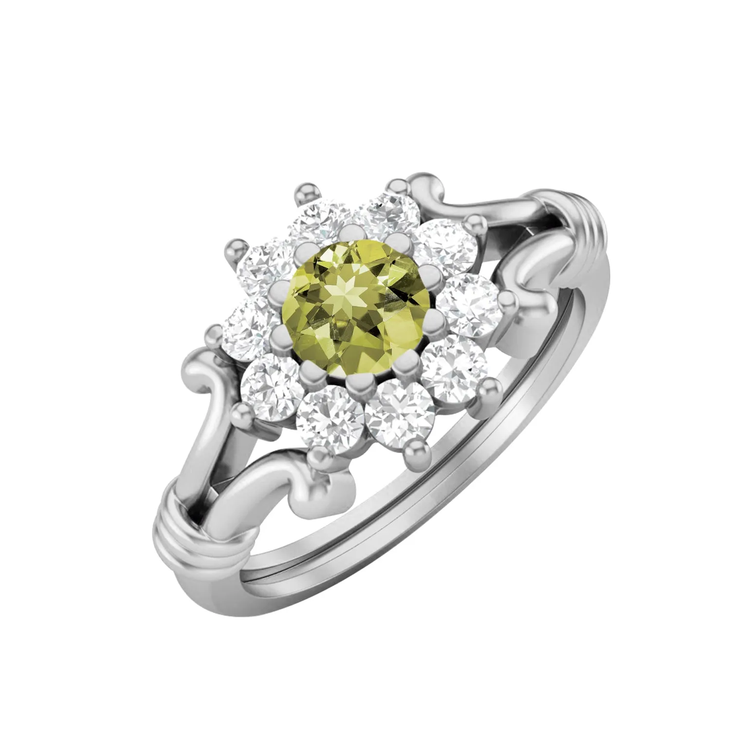 Natural Lemon Quartz Wedding Ring 925 Silver Halo Bridal Ring