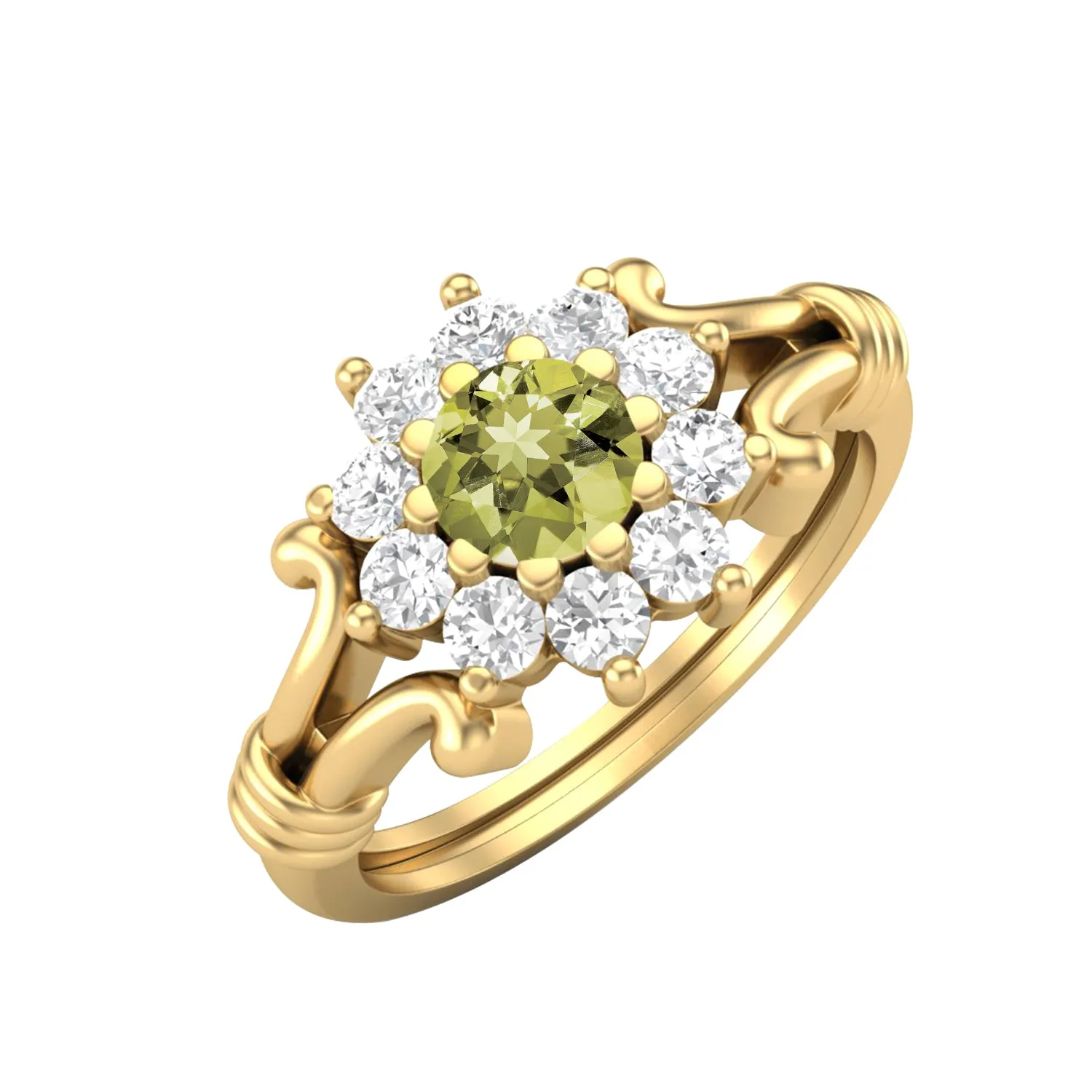 Natural Lemon Quartz Wedding Ring 925 Silver Halo Bridal Ring