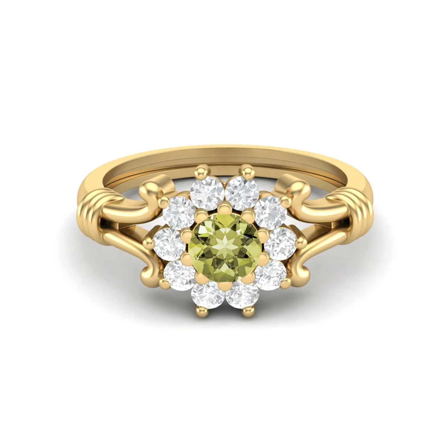 Natural Lemon Quartz Wedding Ring 925 Silver Halo Bridal Ring