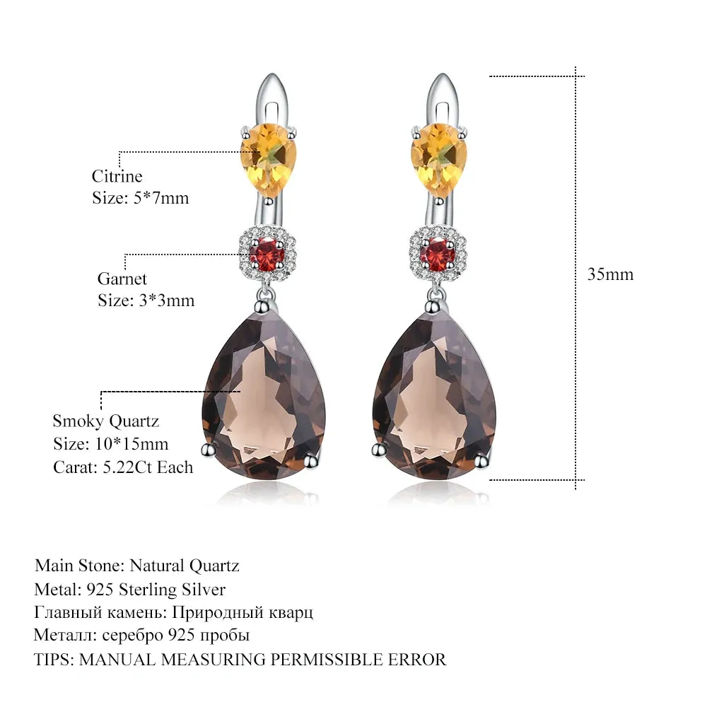 Natural Smoky Quartz, Citrine & Garnet Drop Earrings 925 Sterling Silver