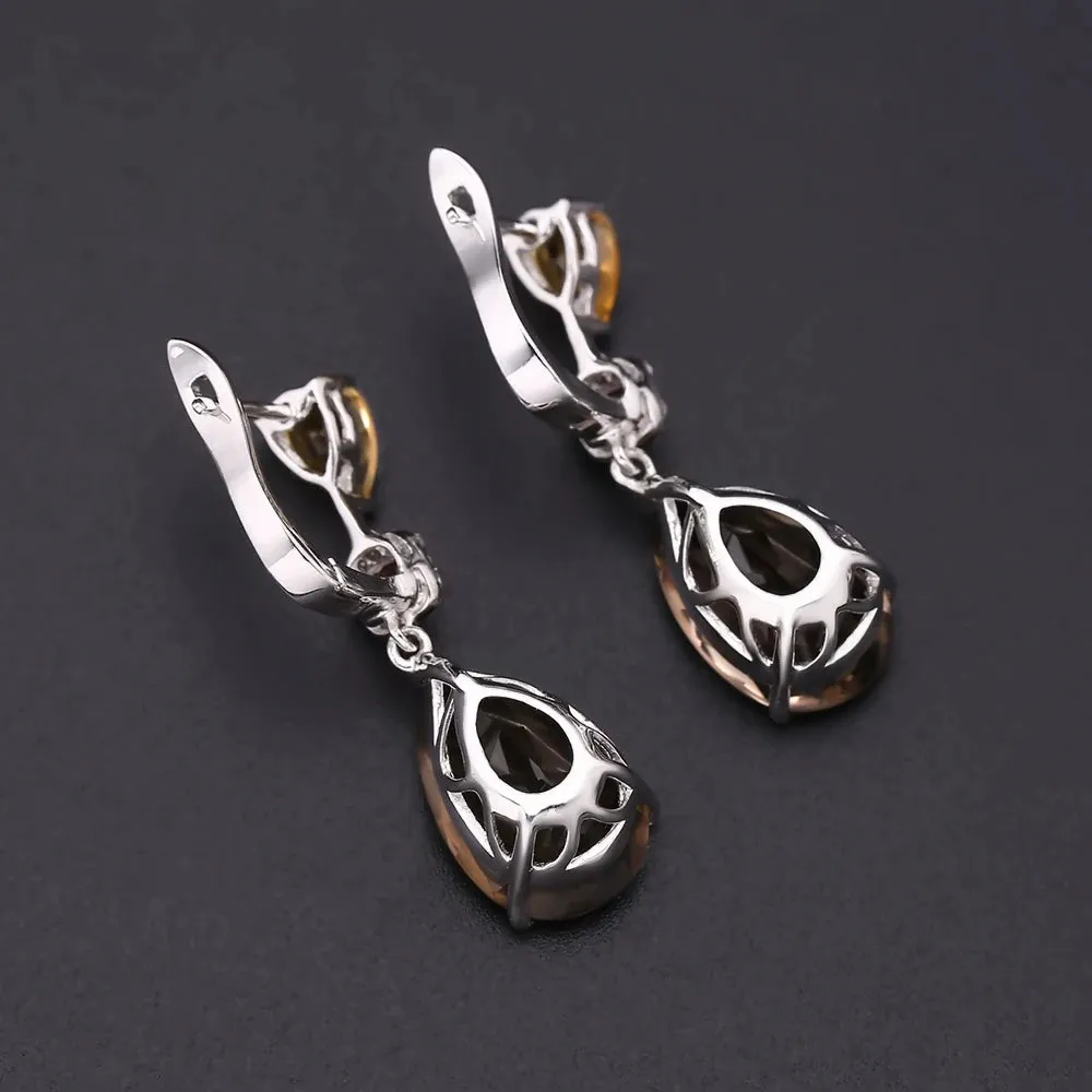 Natural Smoky Quartz, Citrine & Garnet Drop Earrings 925 Sterling Silver