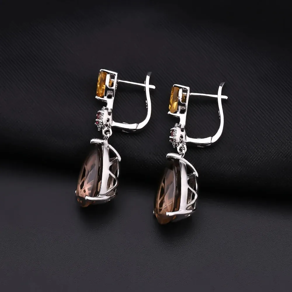 Natural Smoky Quartz, Citrine & Garnet Drop Earrings 925 Sterling Silver