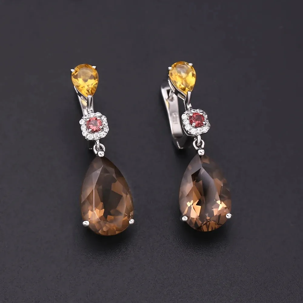 Natural Smoky Quartz, Citrine & Garnet Drop Earrings 925 Sterling Silver