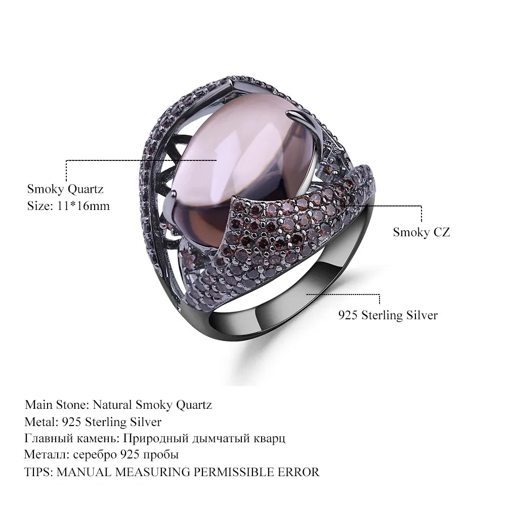 Natural Smoky Quartz Cocktail Ring 925 Sterling Silver Vintage Gothic Ring