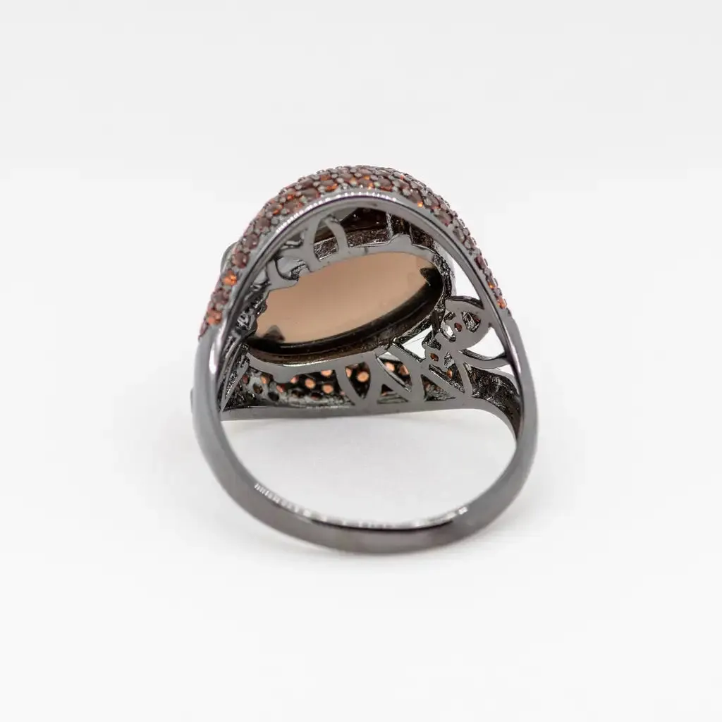 Natural Smoky Quartz Cocktail Ring 925 Sterling Silver Vintage Gothic Ring