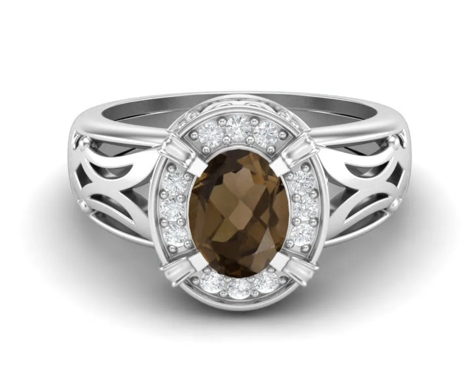Natural Smoky Quartz Promise Ring 925 Sterling Silver Wedding Ring For Women