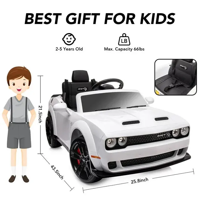 New Assembled, Track 7 Kids Ride on Car, Licensed Dodge Challenger SRT 12V Electric Car for Kids Age 3 , Remote Control, Music, White NOTE: small crack in front right fender shown in pics, was store display!
