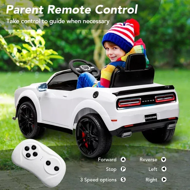 New Assembled, Track 7 Kids Ride on Car, Licensed Dodge Challenger SRT 12V Electric Car for Kids Age 3 , Remote Control, Music, White NOTE: small crack in front right fender shown in pics, was store display!