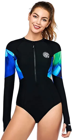 New AXESEA Womens Long Sleeve Rash Guard UV UPF 50  Sun Protection Printed Zipper Surfing One Piece Swimsuit Bathing Suit in Aurora, Sz 10! Retails $70 