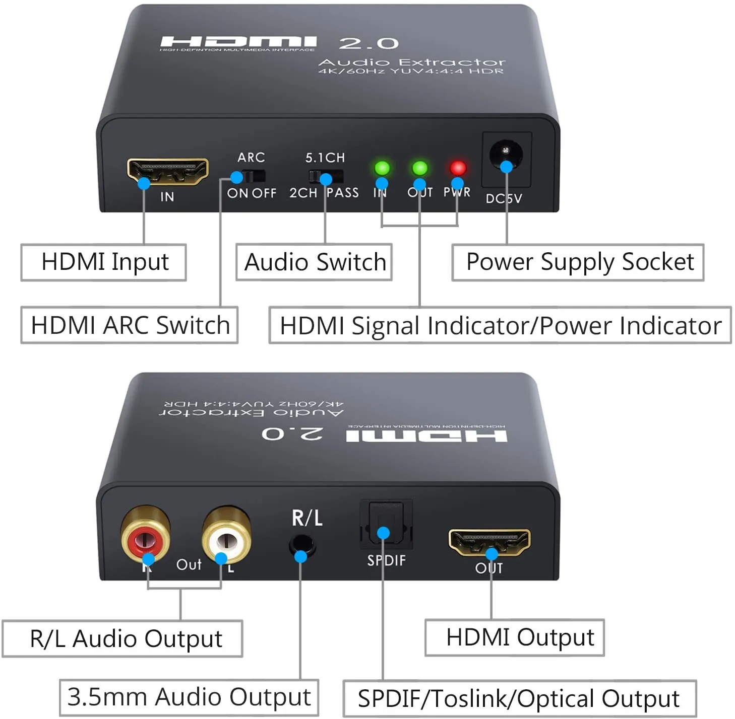 New in box! ESYNIC HDMI 2.0 Audio Extractor Support 4K/60Hz YUV 4:4:4 HDR HDMI to HDMI RCA R/L SPDIF Optical 3.5mm Headphone Jack Audio Converter Suitable for Blu-ray One X PS4 Pro Laptop Projector HDTV