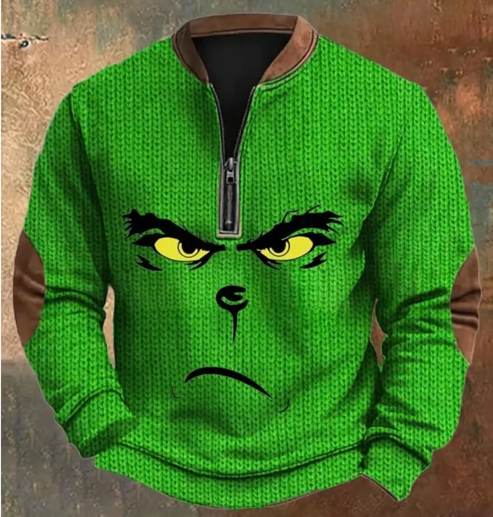 NEW Men's Grinch Vintage Digital Knit Print 3/4 Zip-Up Sweatshirt Clothing Graphic Stand Collar Pullover Holiday Top, Sz M