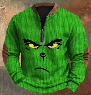 NEW Men's Grinch Vintage Digital Knit Print 3/4 Zip-Up Sweatshirt Clothing Graphic Stand Collar Pullover Holiday Top, Sz M
