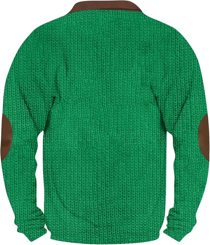NEW Men's Grinch Vintage Digital Knit Print 3/4 Zip-Up Sweatshirt Clothing Graphic Stand Collar Pullover Holiday Top, Sz M