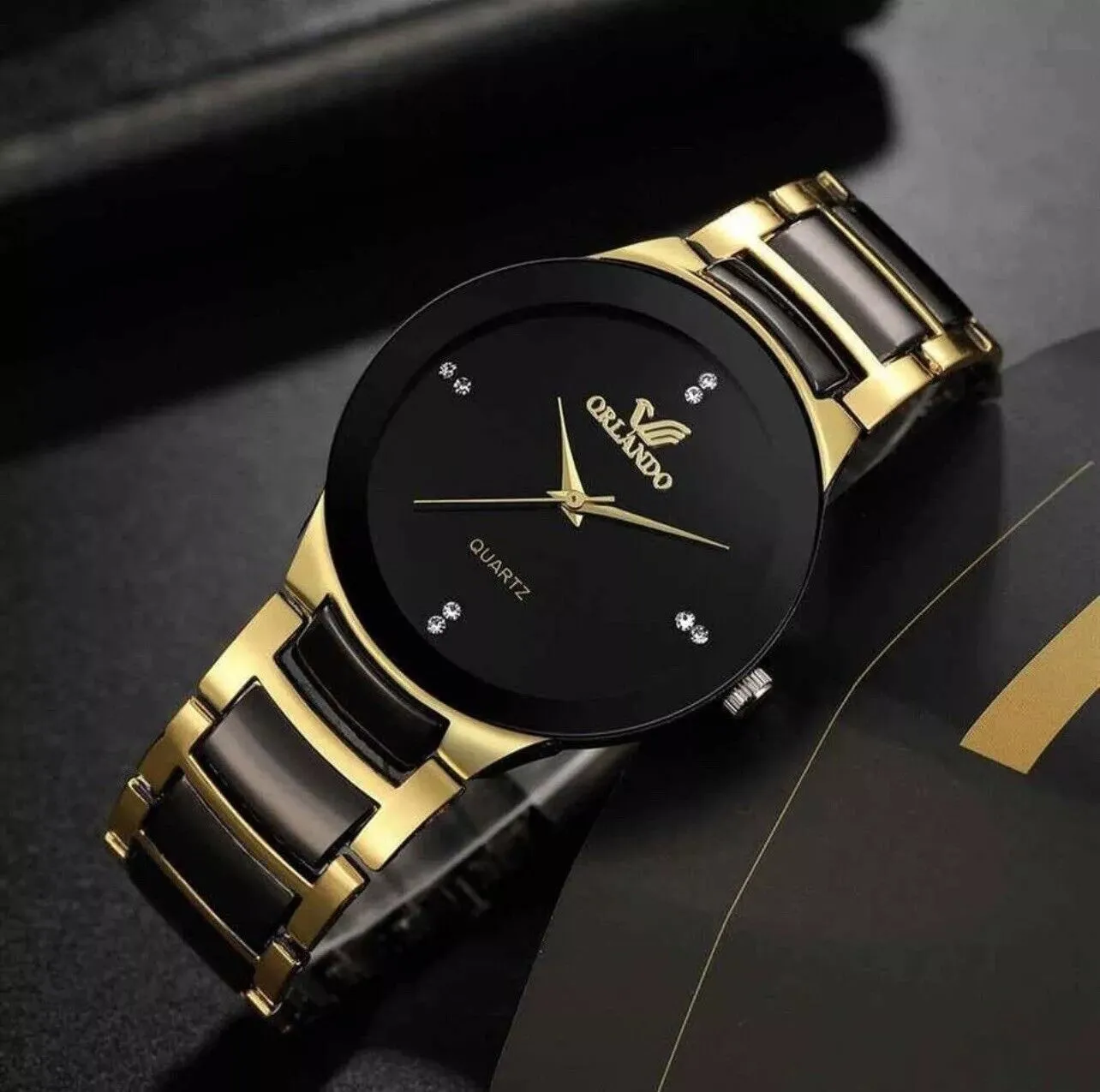 NEW Men's Stainless Steel Quartz Orlando Watch Black and Gold