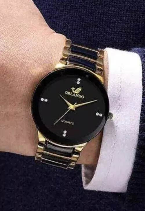 NEW Men's Stainless Steel Quartz Orlando Watch Black and Gold
