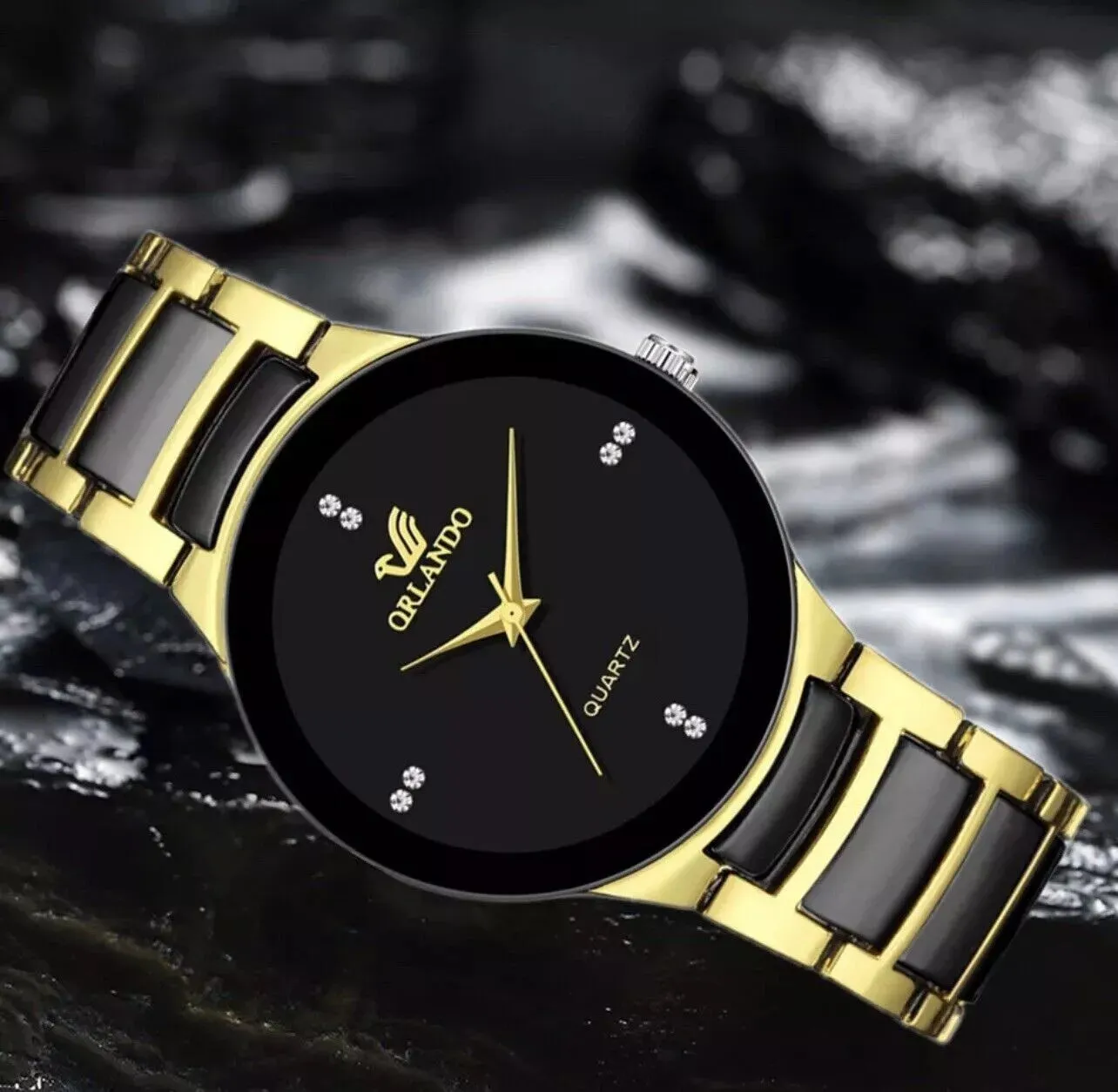 NEW Men's Stainless Steel Quartz Orlando Watch Black and Gold