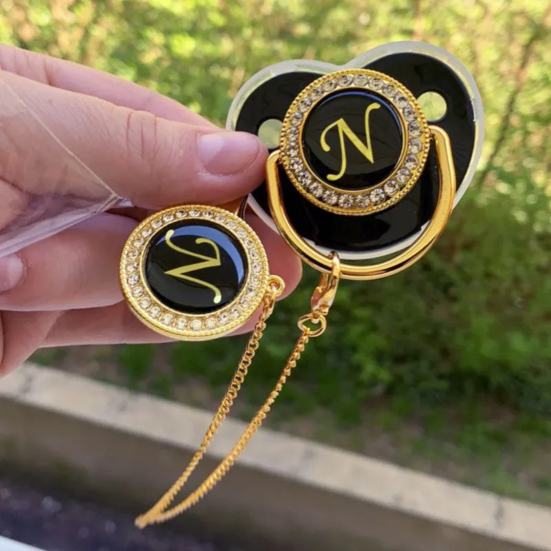 New Name Initials Baby Pacifier and Clip Luxury Black Gold Bling Alphabet Letter Infant Pacifier Gold Letter Unique Baby Shower Gift