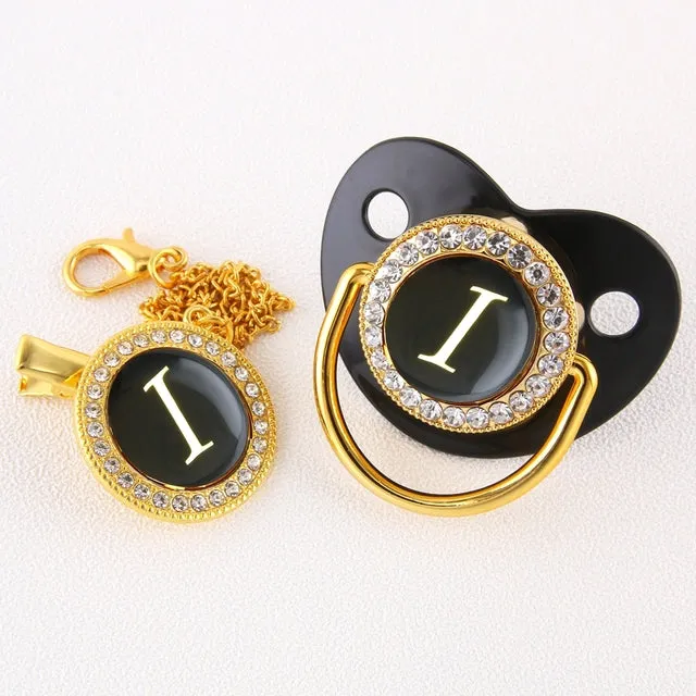 New Name Initials Baby Pacifier and Clip Luxury Black Gold Bling Alphabet Letter Infant Pacifier Gold Letter Unique Baby Shower Gift