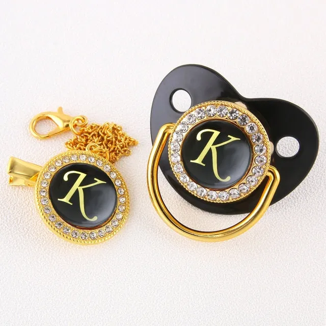 New Name Initials Baby Pacifier and Clip Luxury Black Gold Bling Alphabet Letter Infant Pacifier Gold Letter Unique Baby Shower Gift