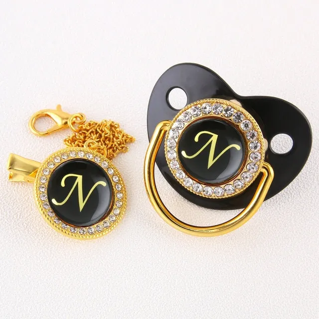 New Name Initials Baby Pacifier and Clip Luxury Black Gold Bling Alphabet Letter Infant Pacifier Gold Letter Unique Baby Shower Gift
