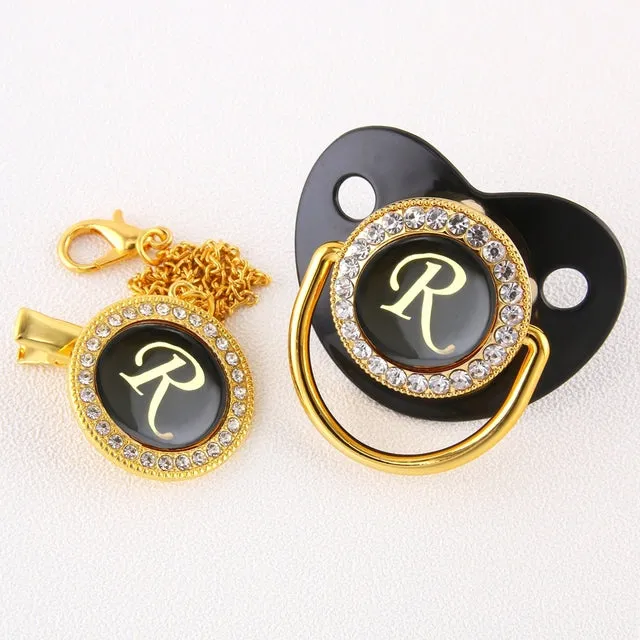 New Name Initials Baby Pacifier and Clip Luxury Black Gold Bling Alphabet Letter Infant Pacifier Gold Letter Unique Baby Shower Gift