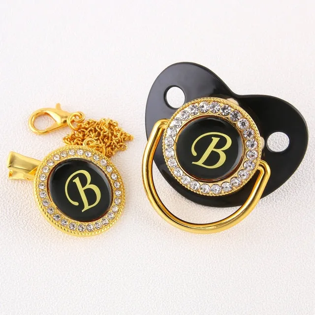 New Name Initials Baby Pacifier and Clip Luxury Black Gold Bling Alphabet Letter Infant Pacifier Gold Letter Unique Baby Shower Gift