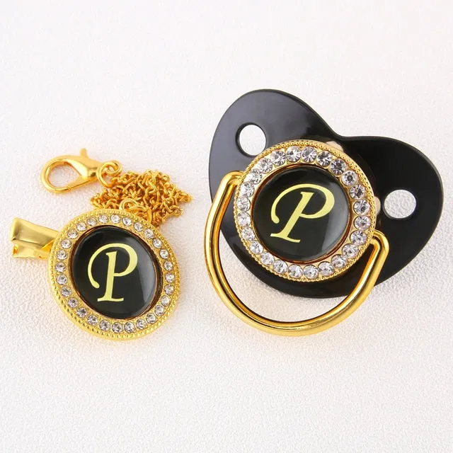 New Name Initials Baby Pacifier and Clip Luxury Black Gold Bling Alphabet Letter Infant Pacifier Gold Letter Unique Baby Shower Gift