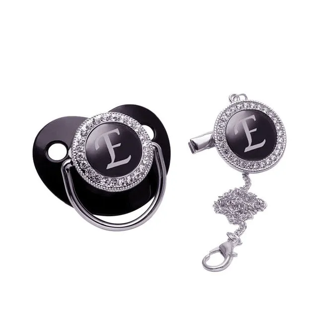 New Name Initials Baby Pacifier and Clip Luxury Black Gold Bling Alphabet Letter Infant Pacifier Gold Letter Unique Baby Shower Gift