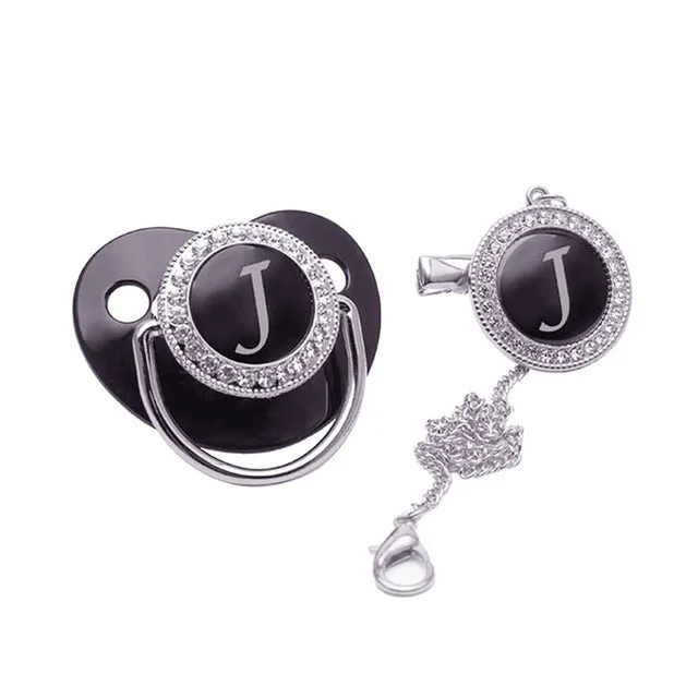 New Name Initials Baby Pacifier and Clip Luxury Black Gold Bling Alphabet Letter Infant Pacifier Gold Letter Unique Baby Shower Gift